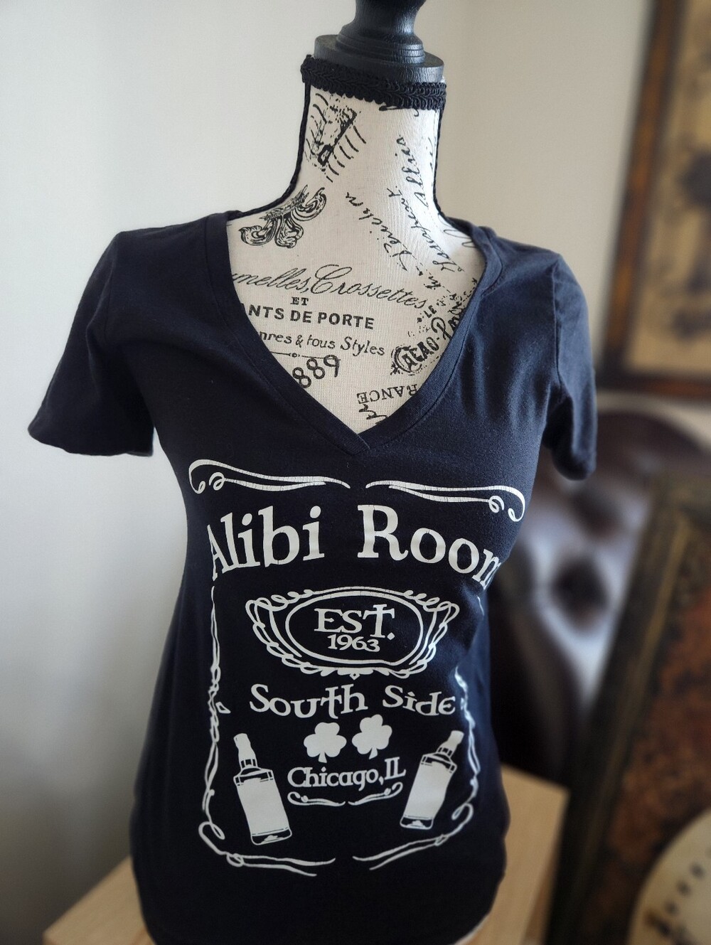 Black V-Neck Graphic Tee - Alibi Room Print